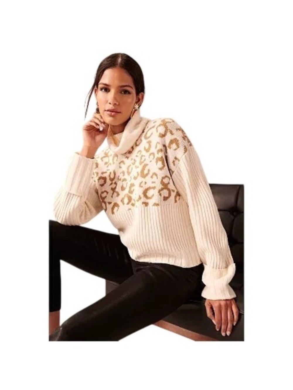 Nine West Sweater Size XXL Ribbed Turtleneck Leopard Long Sleeve Beige Tan Cozy